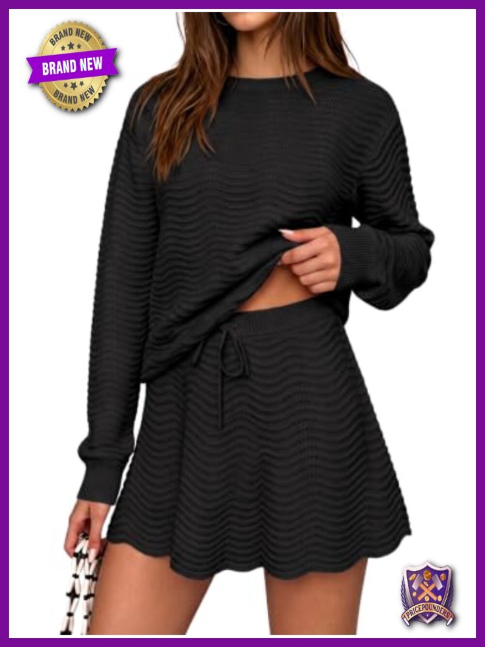 Women's 2 Piece Scalloped Sweater Set Pullover Knit Top Mini Skirt Outfit